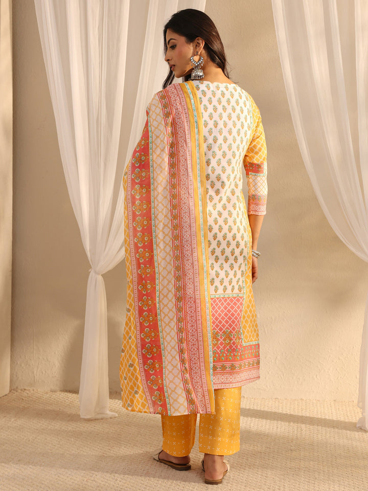 Yellow Multi Printed Cotton Blend Straight Suit Set With Dupatta
