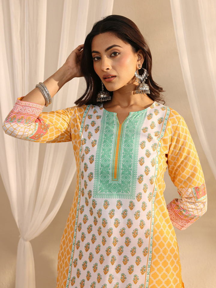 Yellow Multi Printed Cotton Blend Straight Suit Set With Dupatta