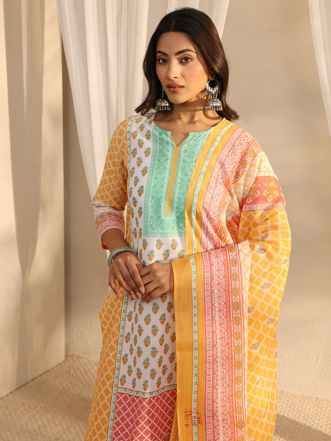 Yellow Multi Printed Cotton Blend Straight Suit Set With Dupatta