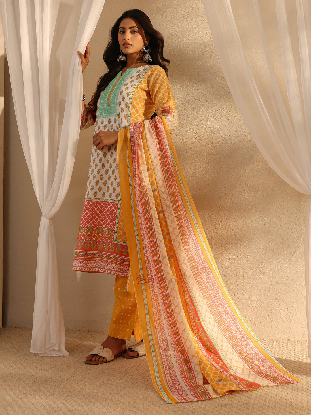 Yellow Multi Printed Cotton Blend Straight Suit Set With Dupatta
