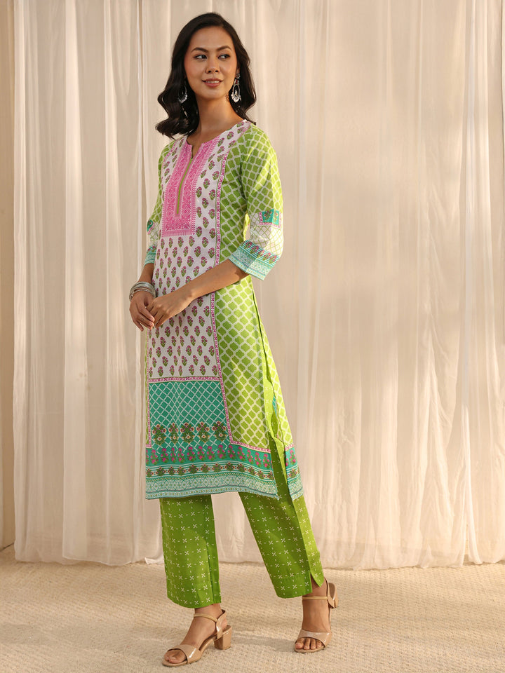 Green Multi Printed Cotton Blend Straight Suit Set With Dupatta