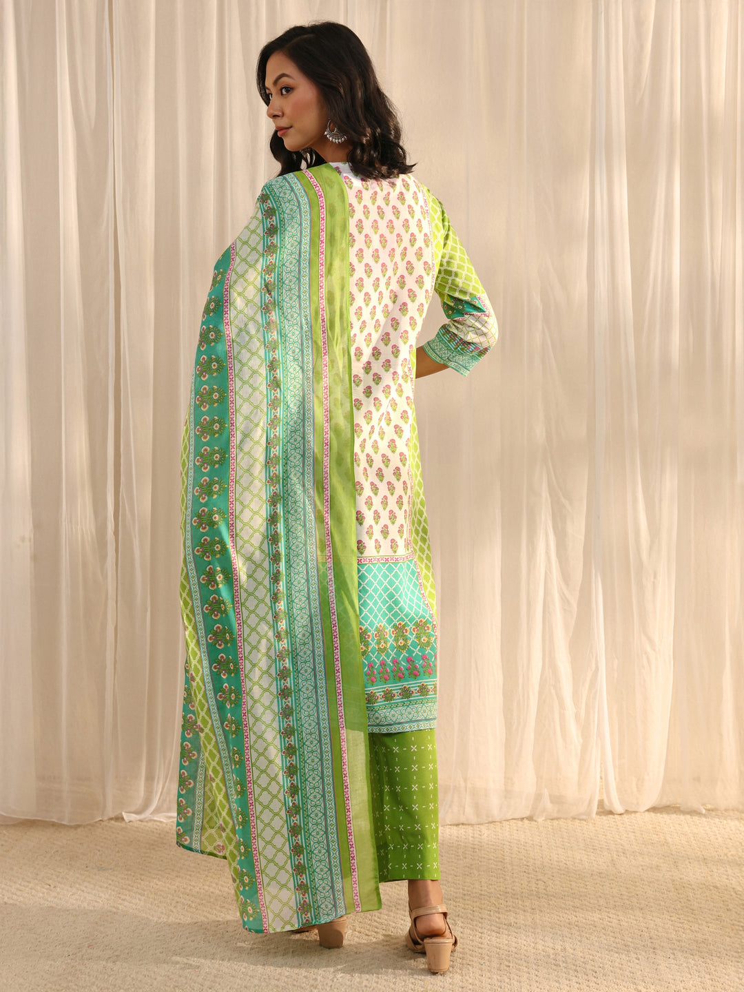 Green Multi Printed Cotton Blend Straight Suit Set With Dupatta