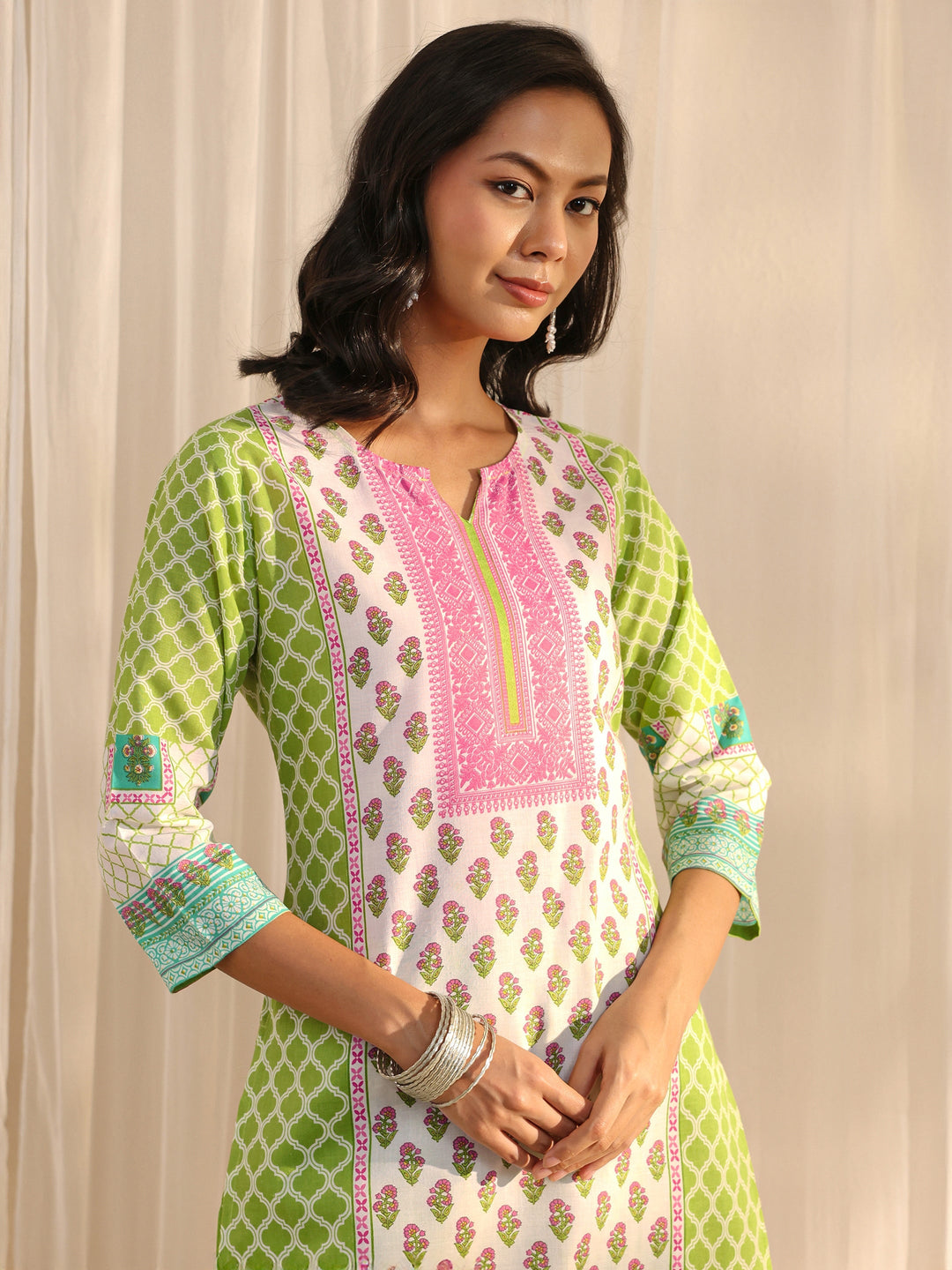 Green Multi Printed Cotton Blend Straight Suit Set With Dupatta