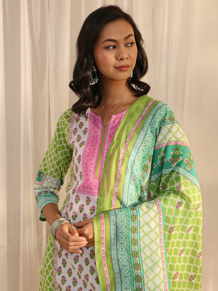 Green Multi Printed Cotton Blend Straight Suit Set With Dupatta