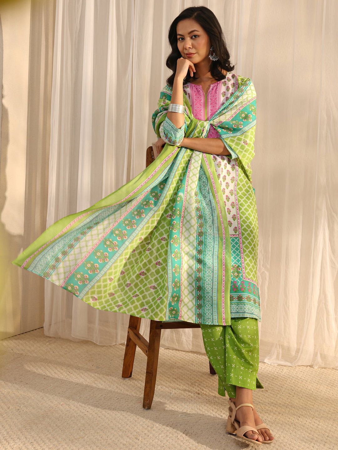 Green Multi Printed Cotton Blend Straight Suit Set With Dupatta