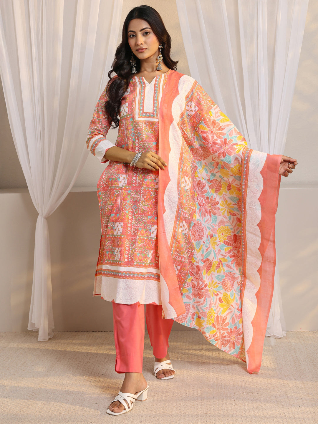 Peach Multi Printed Cotton Blend Straight Suit Set With Dupatta