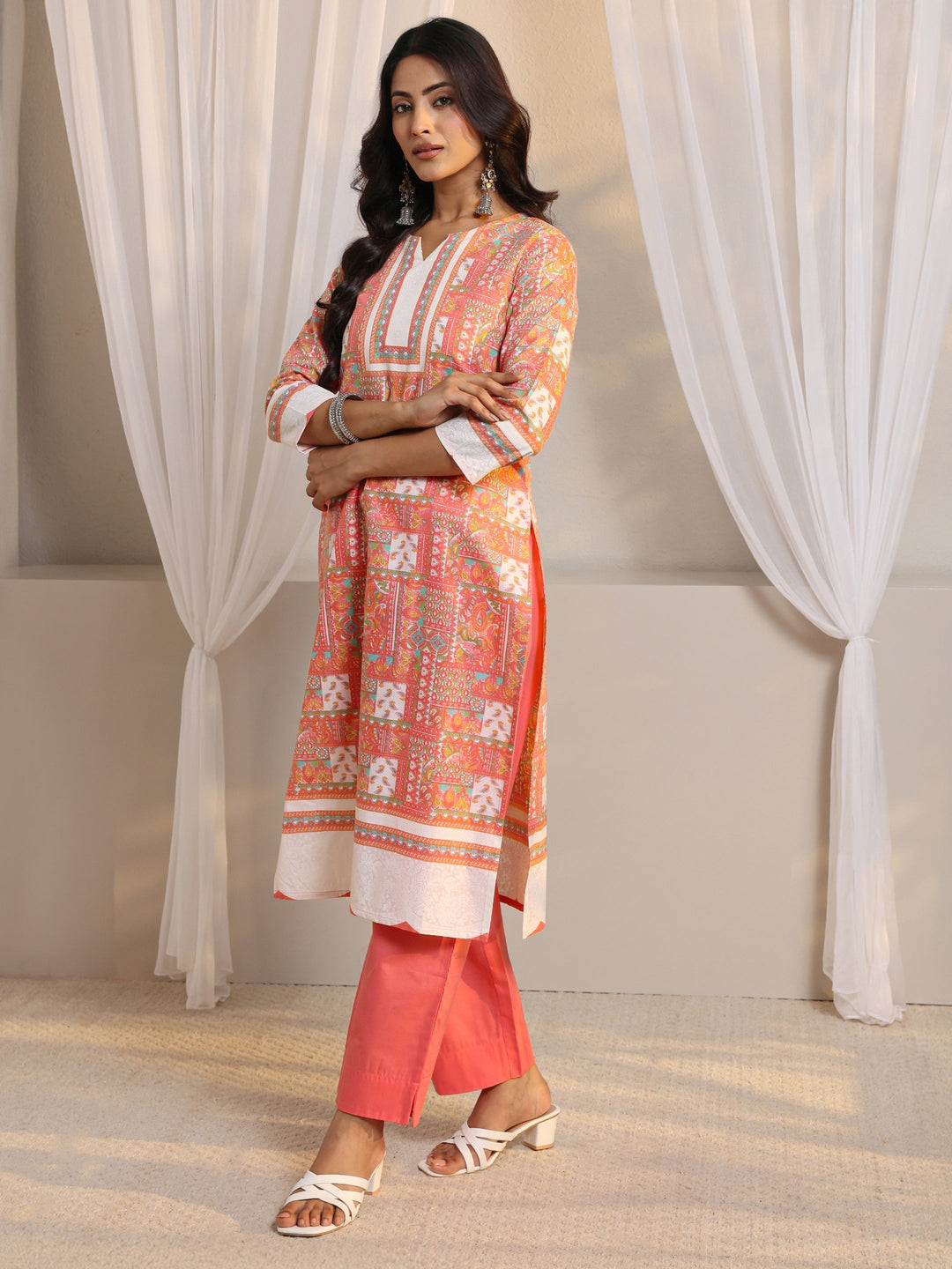 Peach Multi Printed Cotton Blend Straight Suit Set With Dupatta