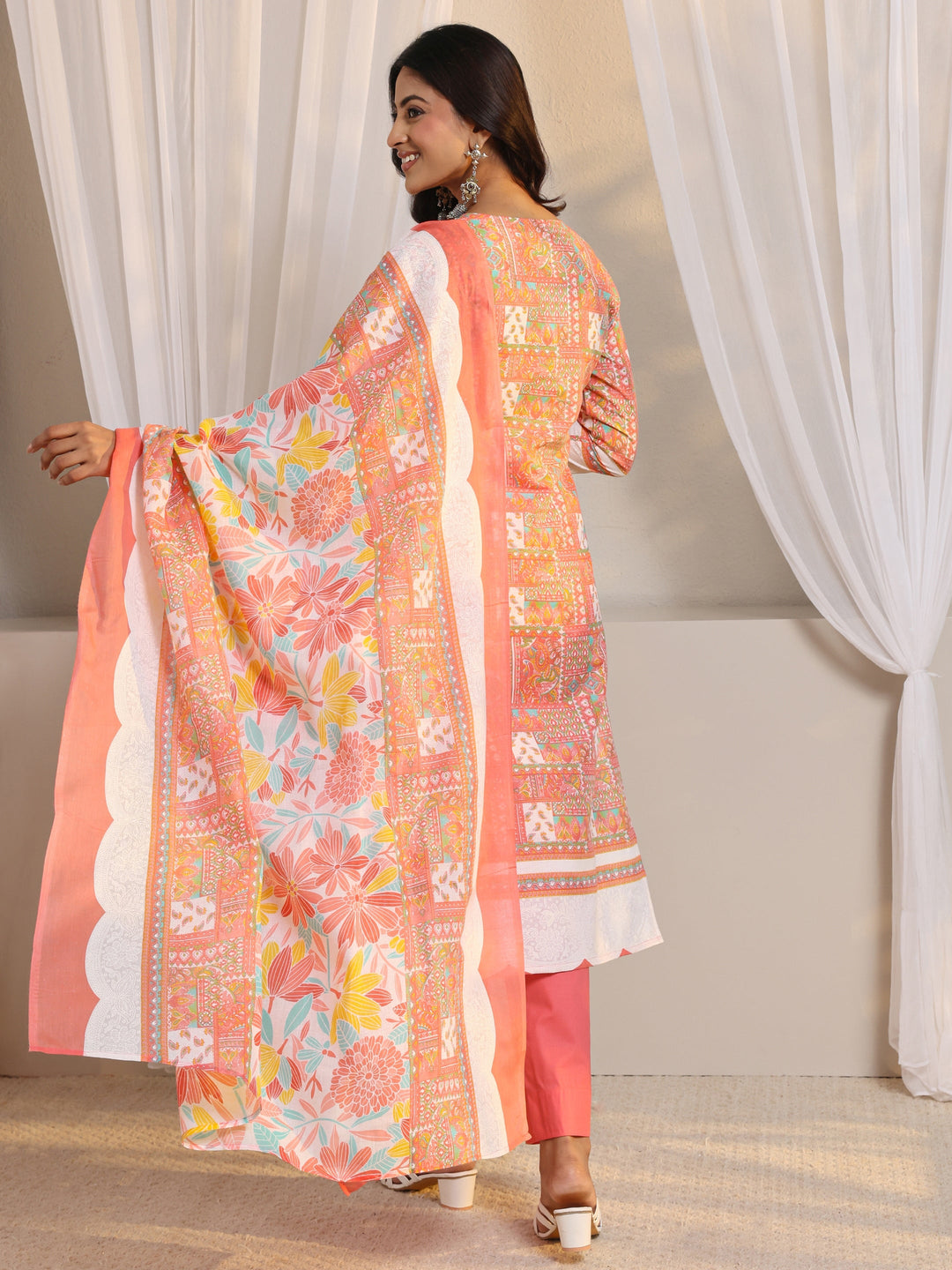 Peach Multi Printed Cotton Blend Straight Suit Set With Dupatta