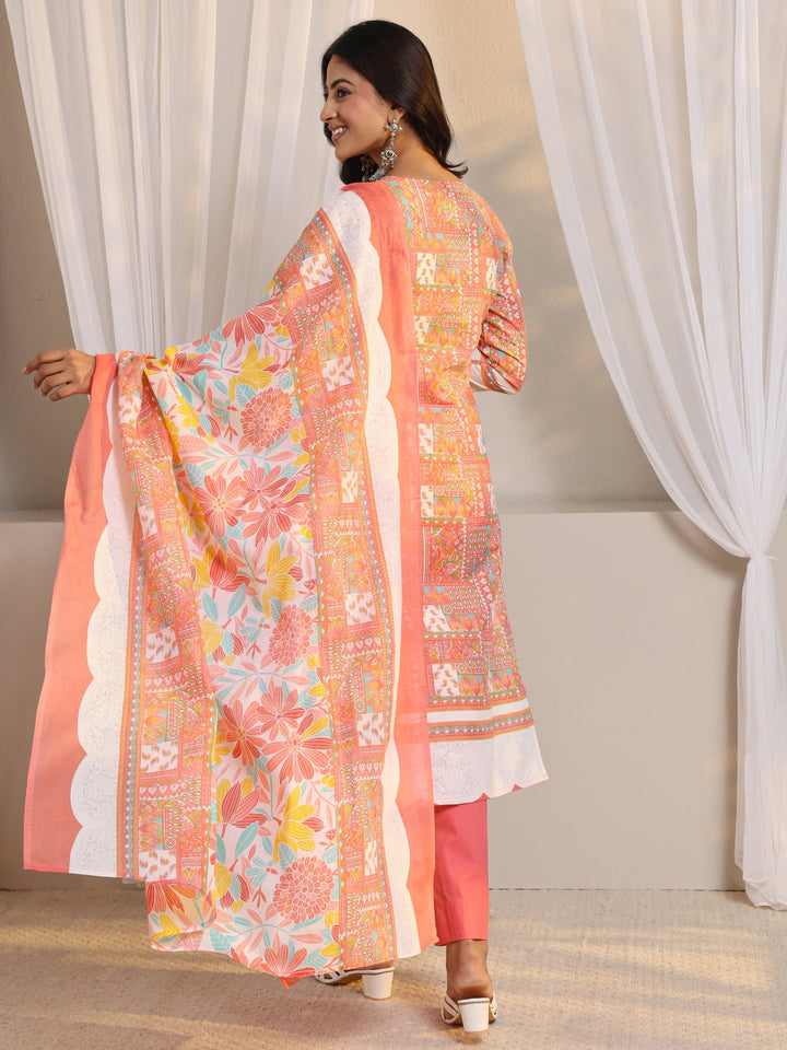 Peach Multi Printed Cotton Blend Straight Suit Set With Dupatta