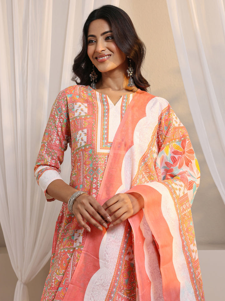 Peach Multi Printed Cotton Blend Straight Suit Set With Dupatta