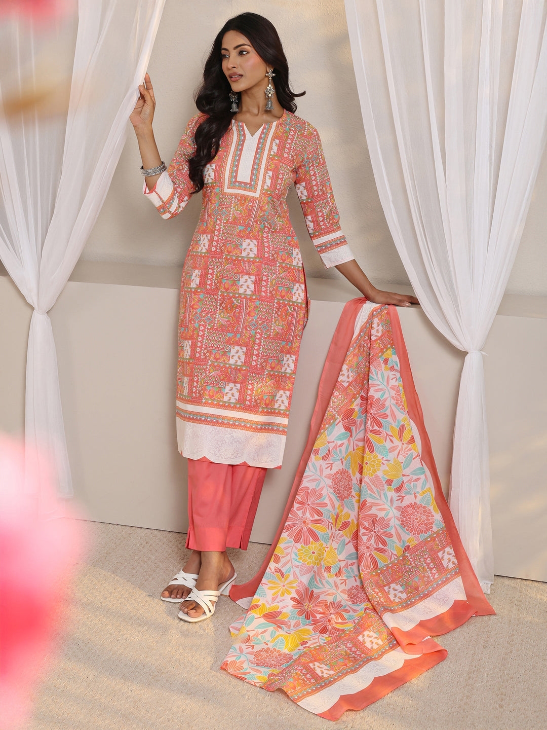 Peach Multi Printed Cotton Blend Straight Suit Set With Dupatta