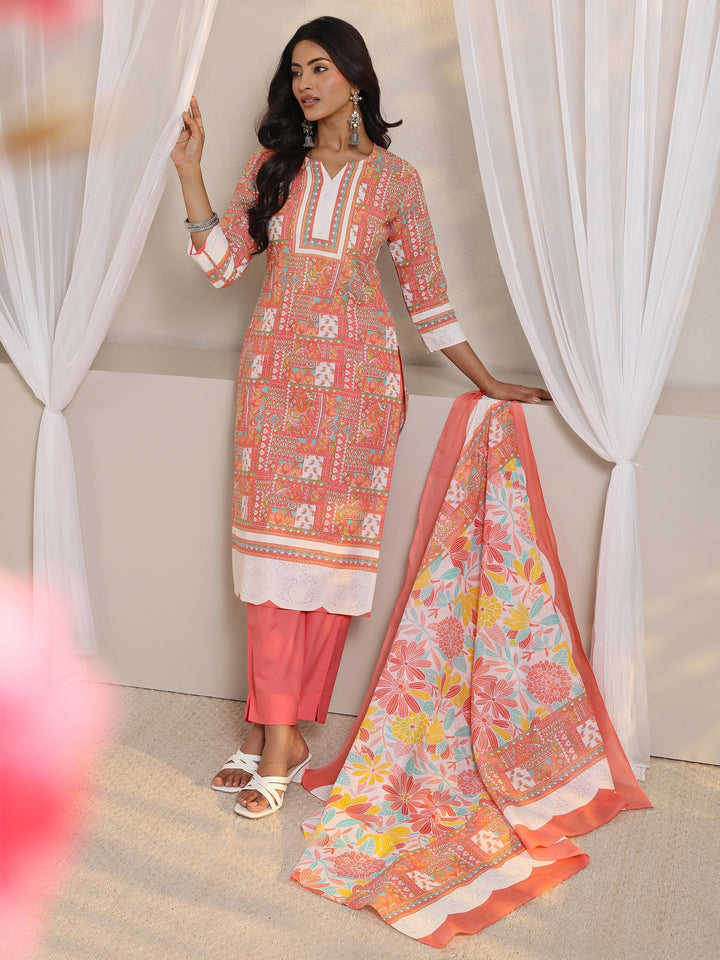 Peach Multi Printed Cotton Blend Straight Suit Set With Dupatta