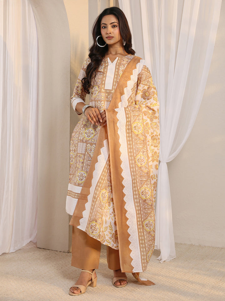 Brown Multi Printed Cotton Blend Straight Suit Set With Dupatta