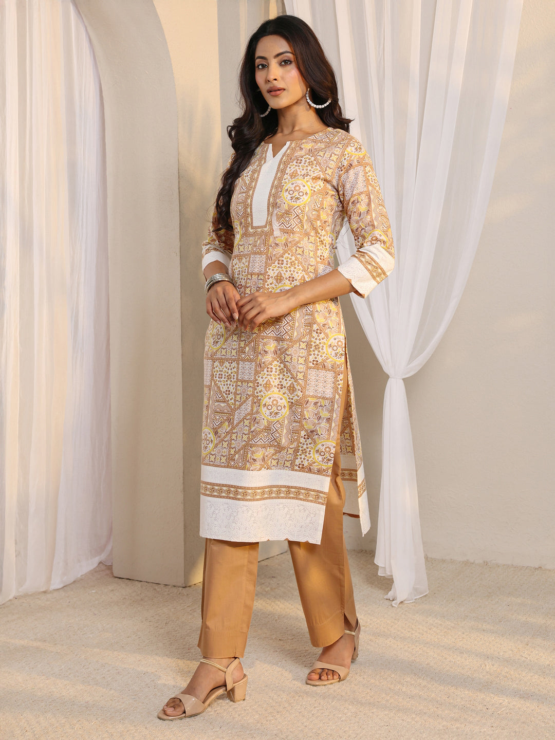 Brown Multi Printed Cotton Blend Straight Suit Set With Dupatta