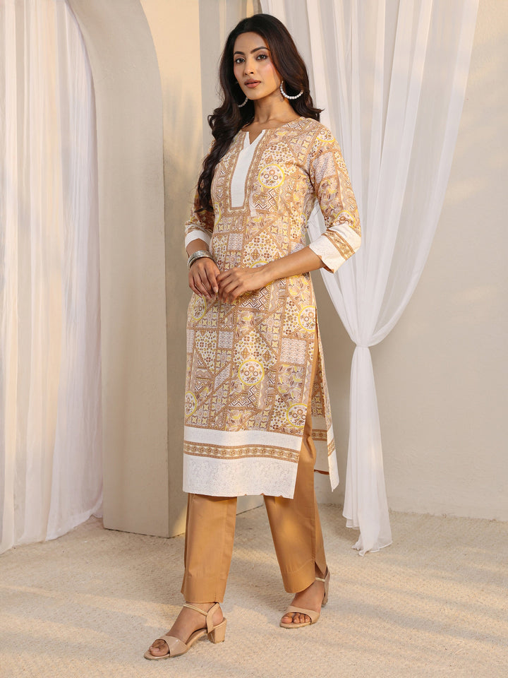 Brown Multi Printed Cotton Blend Straight Suit Set With Dupatta