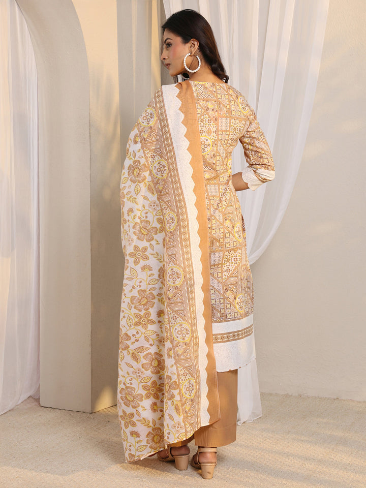 Brown Multi Printed Cotton Blend Straight Suit Set With Dupatta