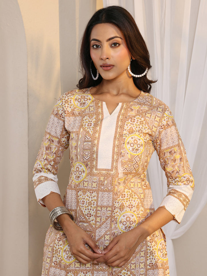 Brown Multi Printed Cotton Blend Straight Suit Set With Dupatta