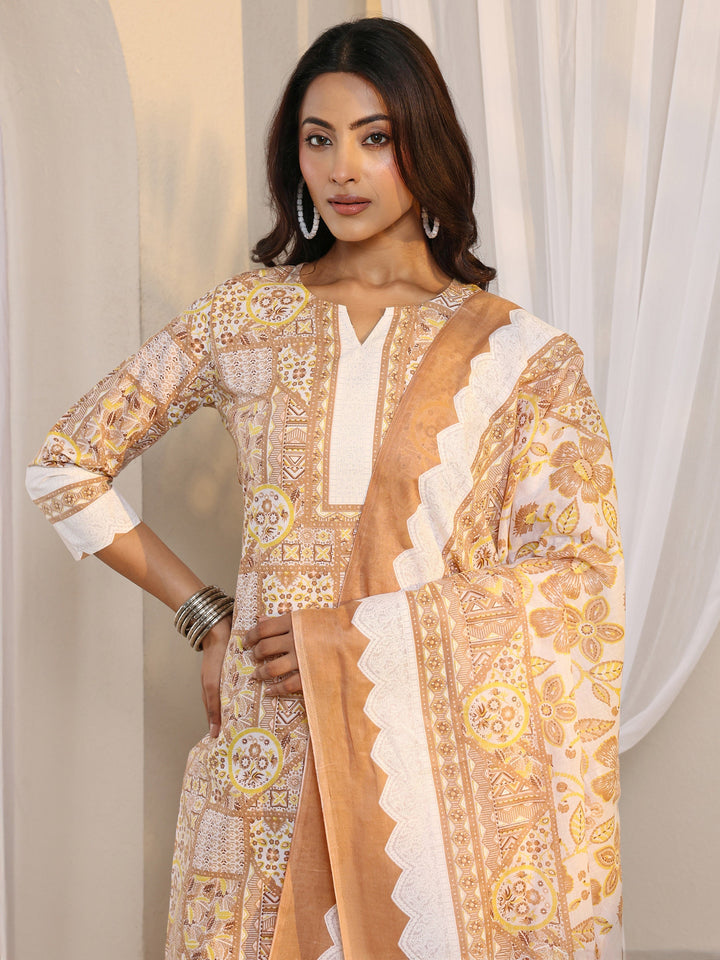 Brown Multi Printed Cotton Blend Straight Suit Set With Dupatta