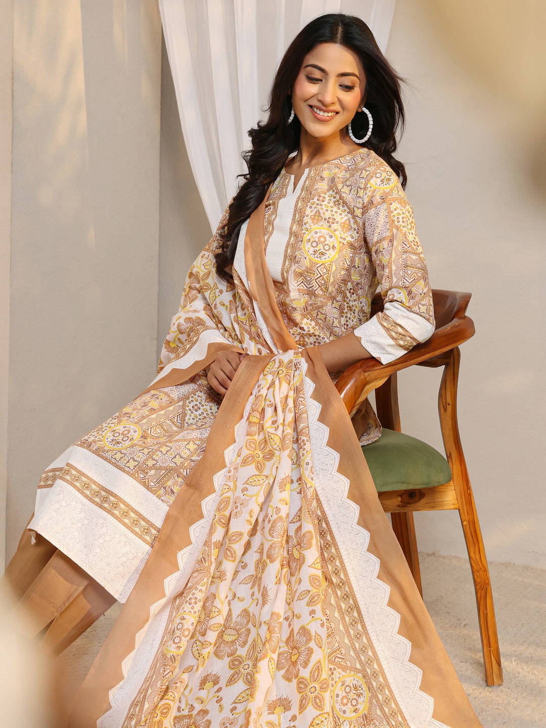 Brown Multi Printed Cotton Blend Straight Suit Set With Dupatta