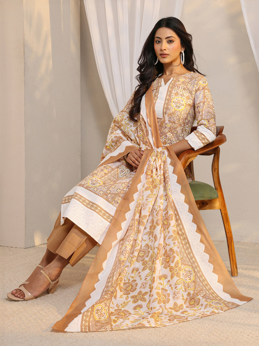 Brown Multi Printed Cotton Blend Straight Suit Set With Dupatta