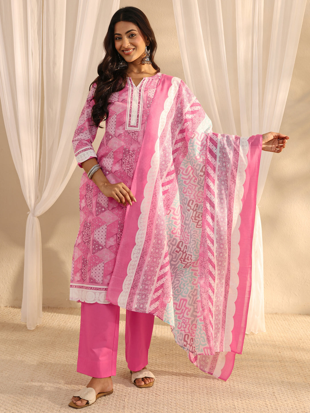 Pink Multi Printed Cotton Blend Straight Suit Set With Dupatta