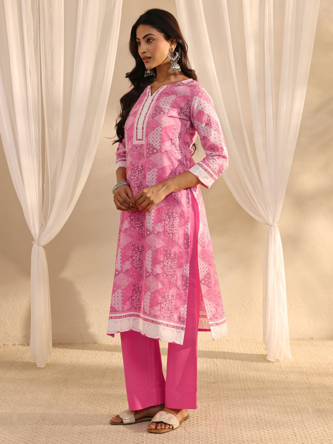 Pink Multi Printed Cotton Blend Straight Suit Set With Dupatta