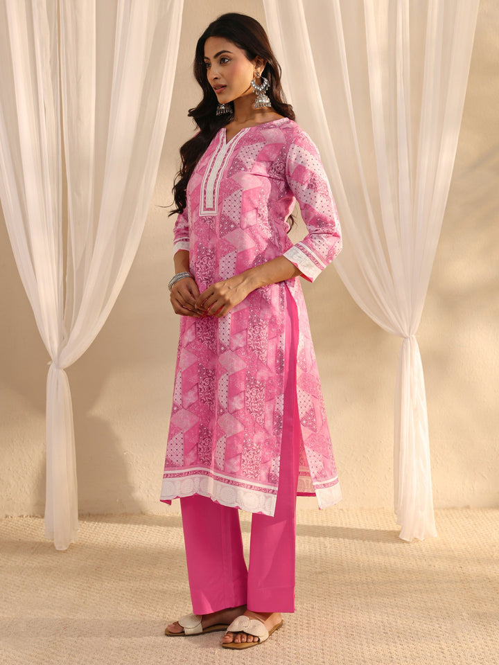 Pink Multi Printed Cotton Blend Straight Suit Set With Dupatta