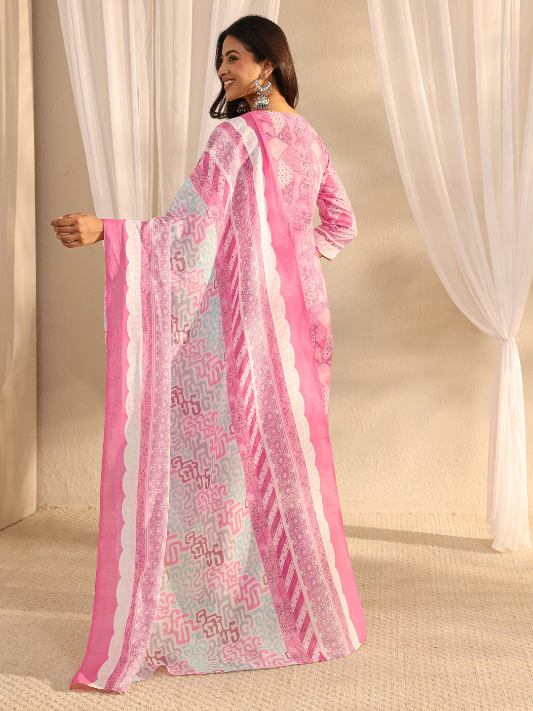 Pink Multi Printed Cotton Blend Straight Suit Set With Dupatta