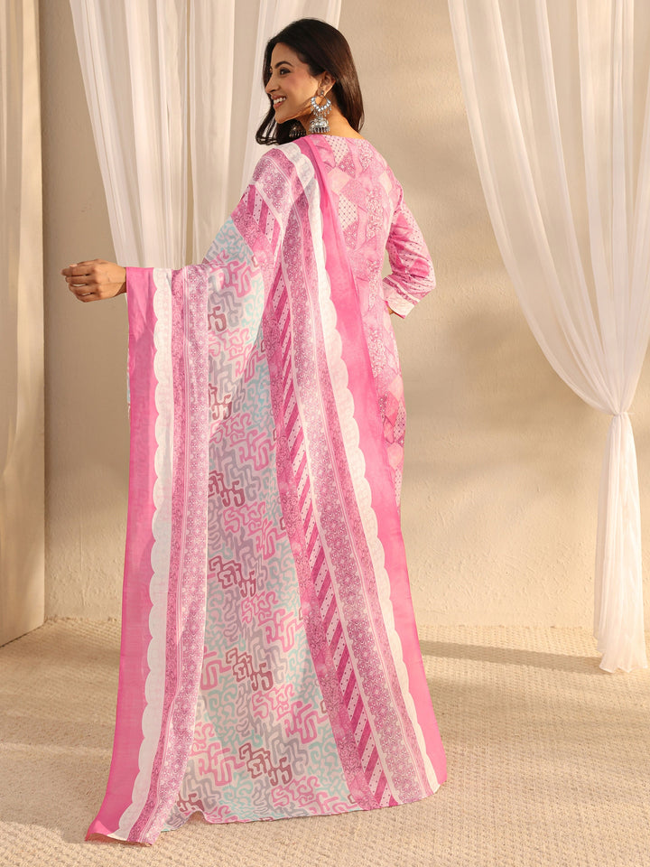 Pink Multi Printed Cotton Blend Straight Suit Set With Dupatta