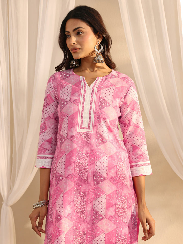 Pink Multi Printed Cotton Blend Straight Suit Set With Dupatta