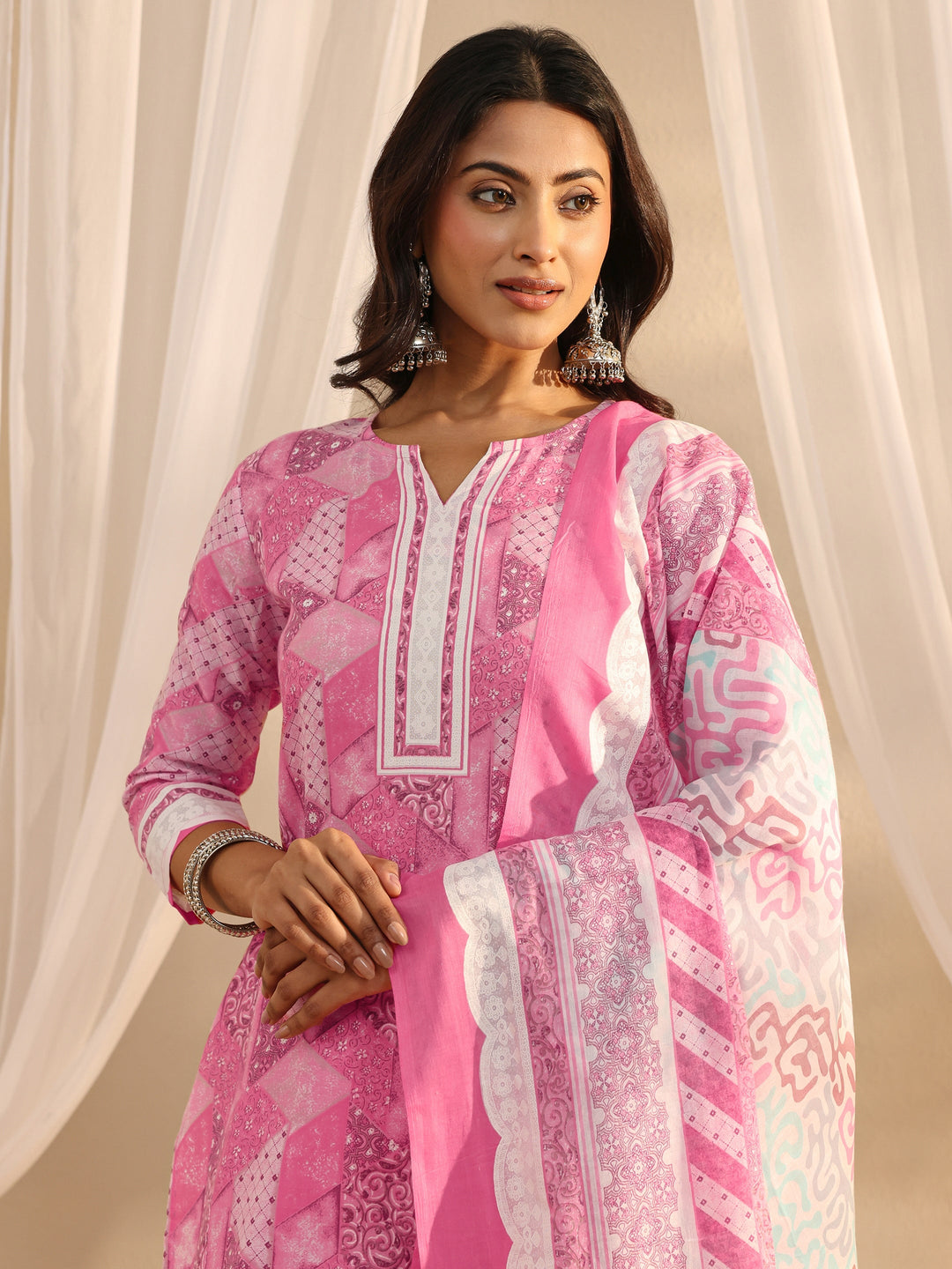 Pink Multi Printed Cotton Blend Straight Suit Set With Dupatta