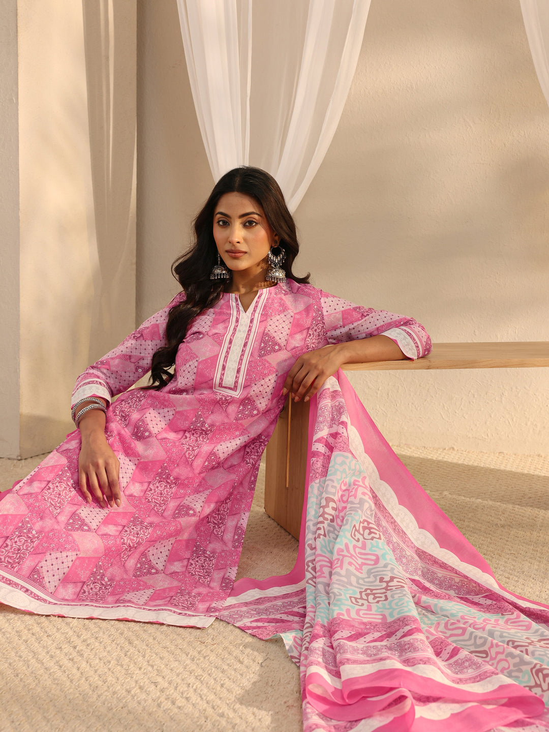 Pink Multi Printed Cotton Blend Straight Suit Set With Dupatta