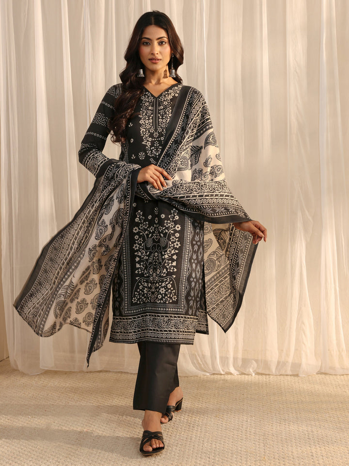 Black Ethnic Printed Cotton Blend Straight Suit Set With Dupatta