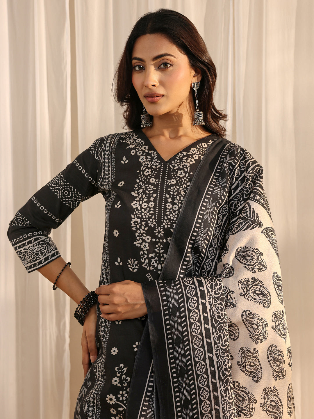Black Ethnic Printed Cotton Blend Straight Suit Set With Dupatta