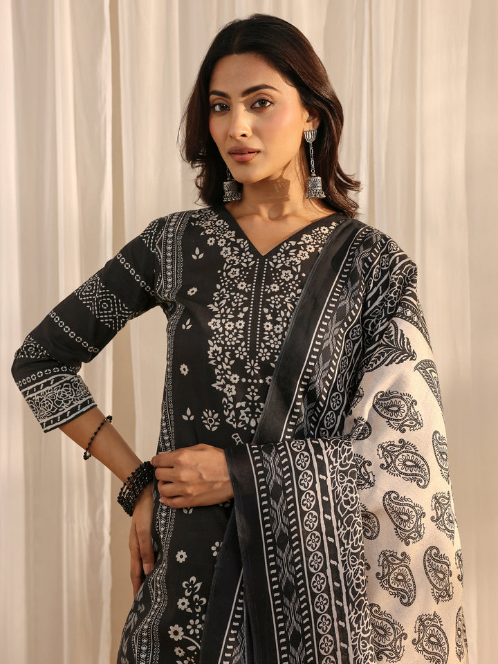 Black Ethnic Printed Cotton Blend Straight Suit Set With Dupatta