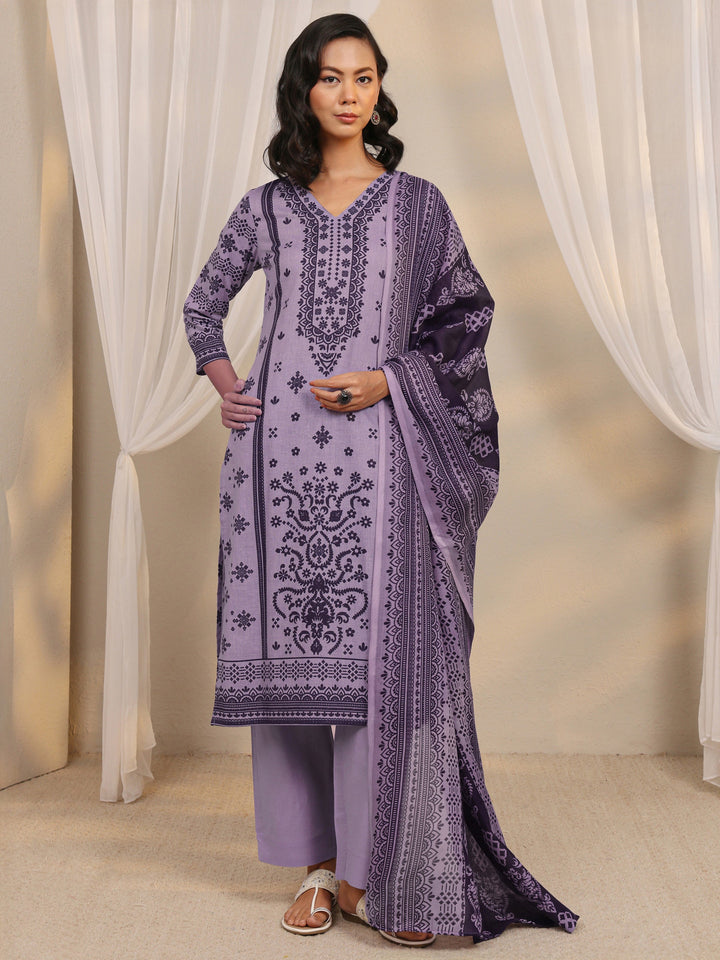 Lavender Printed Cotton Blend Straight Suit Set With Dupatta