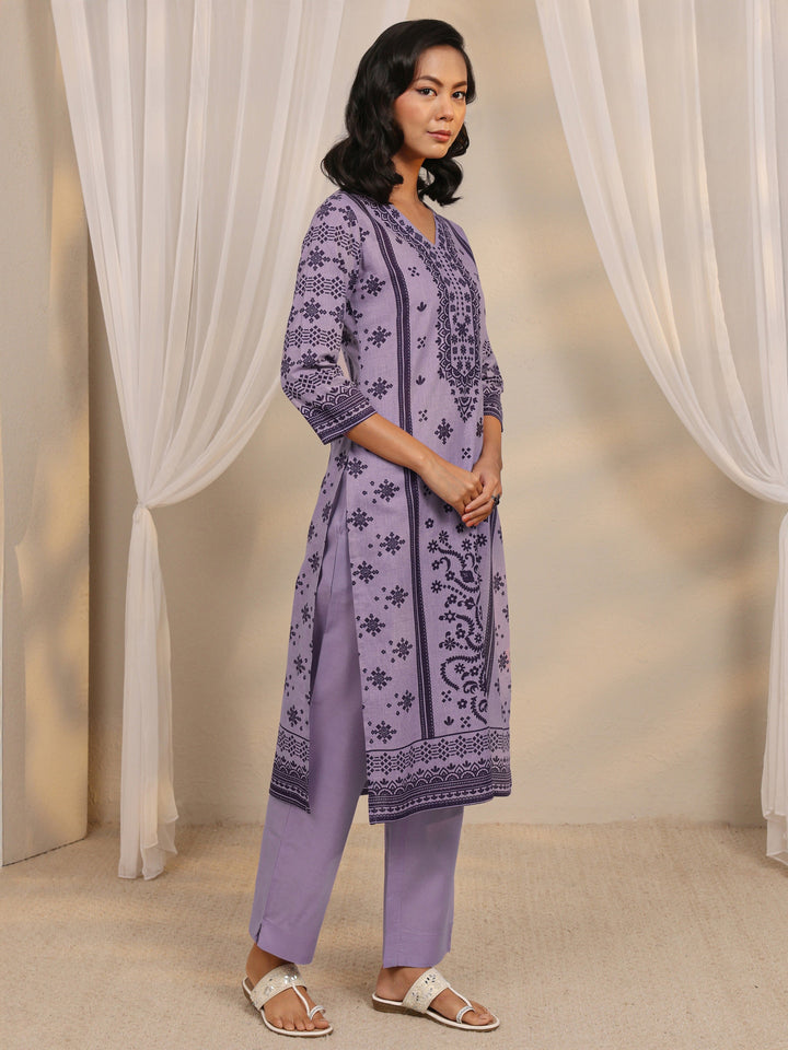 Lavender Printed Cotton Blend Straight Suit Set With Dupatta