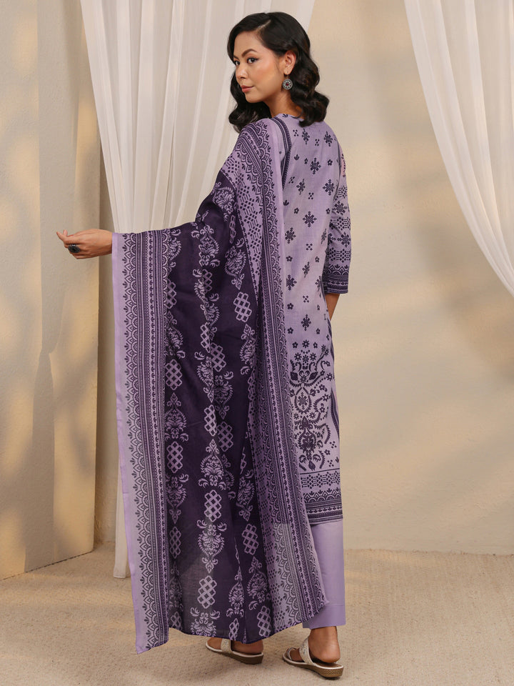 Lavender Printed Cotton Blend Straight Suit Set With Dupatta