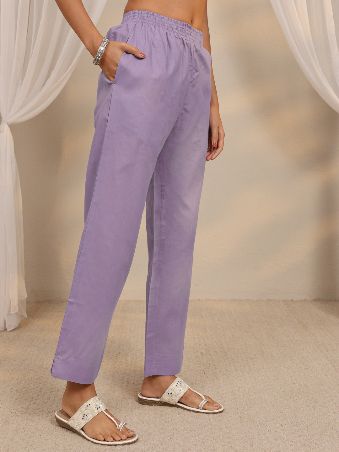 Lavender Printed Cotton Blend Straight Suit Set With Dupatta