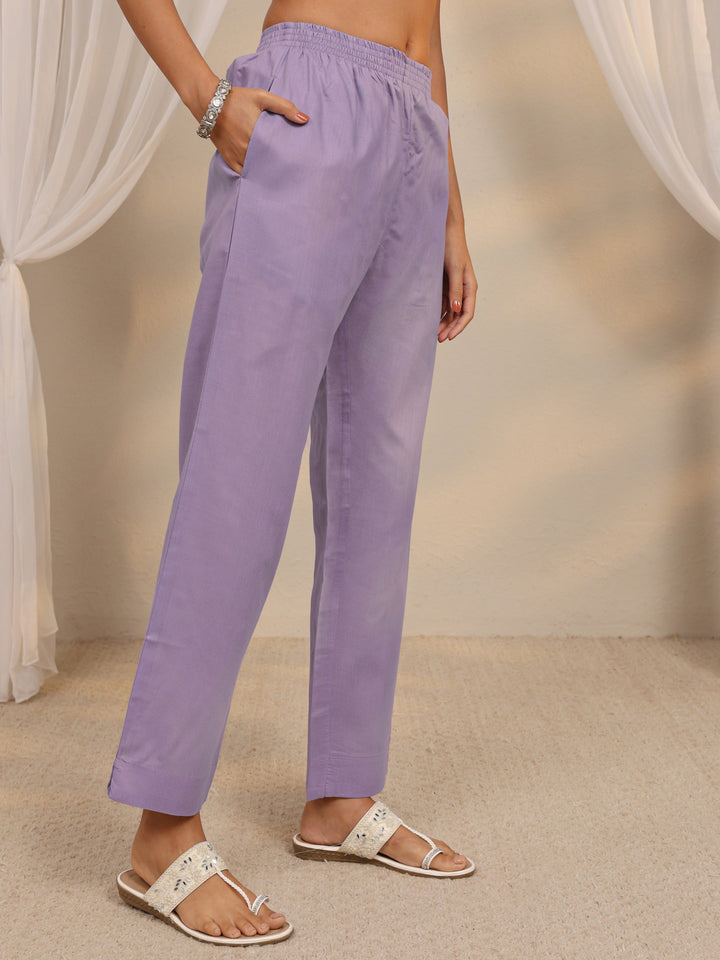 Lavender Printed Cotton Blend Straight Suit Set With Dupatta