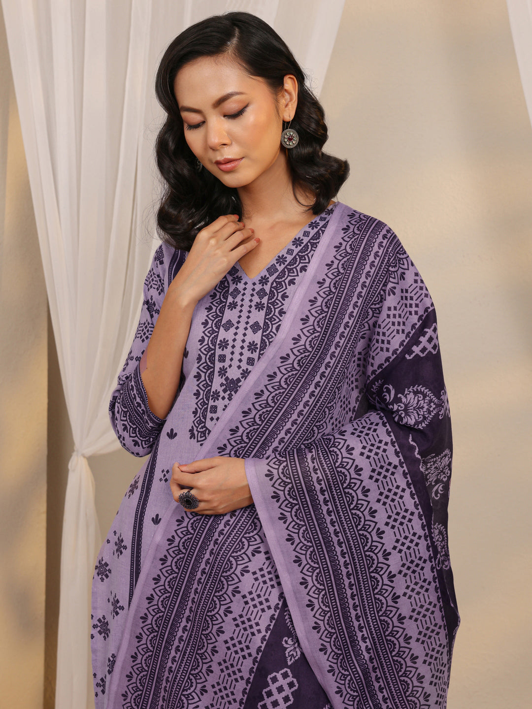 Lavender Printed Cotton Blend Straight Suit Set With Dupatta