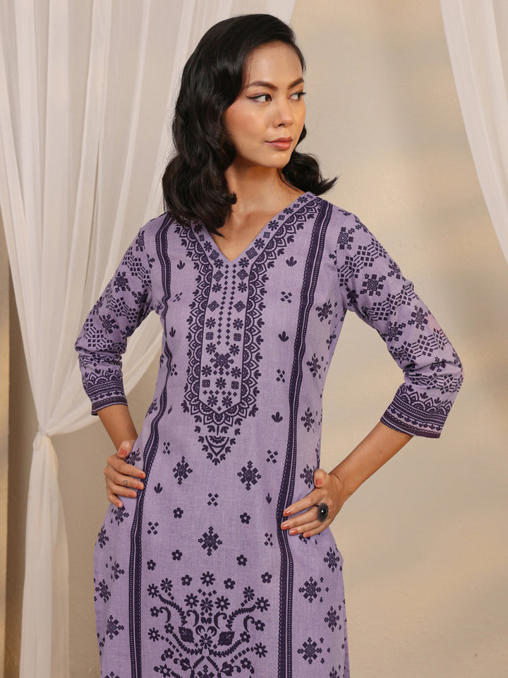 Lavender Printed Cotton Blend Straight Suit Set With Dupatta