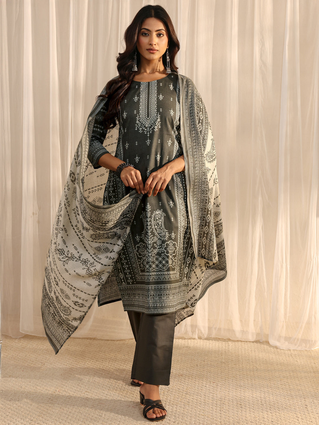Grey Ethnic Printed Cotton Blend Straight Suit Set With Dupatta