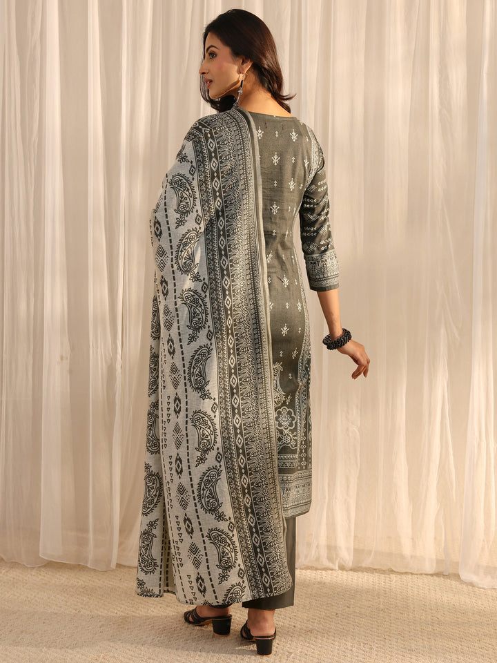 Grey Ethnic Printed Cotton Blend Straight Suit Set With Dupatta