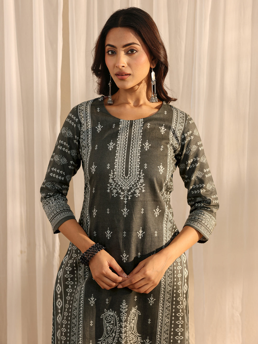 Grey Ethnic Printed Cotton Blend Straight Suit Set With Dupatta