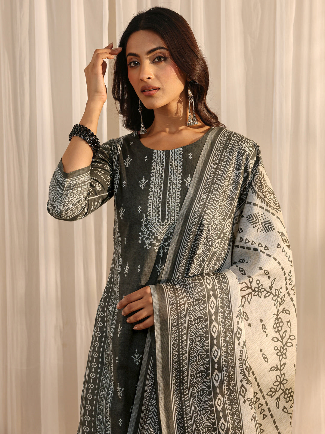 Grey Ethnic Printed Cotton Blend Straight Suit Set With Dupatta