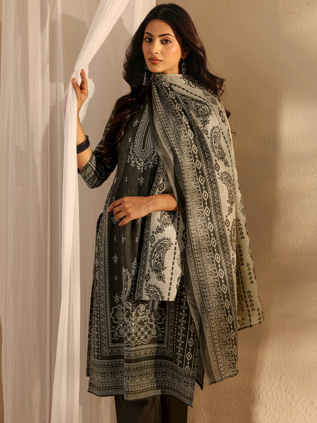 Grey Ethnic Printed Cotton Blend Straight Suit Set With Dupatta