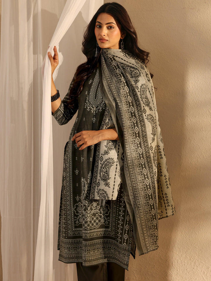 Grey Ethnic Printed Cotton Blend Straight Suit Set With Dupatta