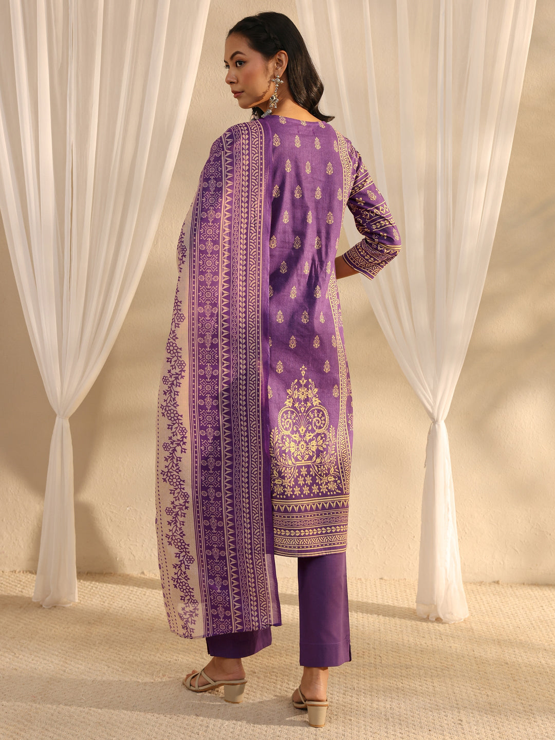 Purple Ethnic Motif Printed Cotton Blend Straight Suit Set With Dupatta