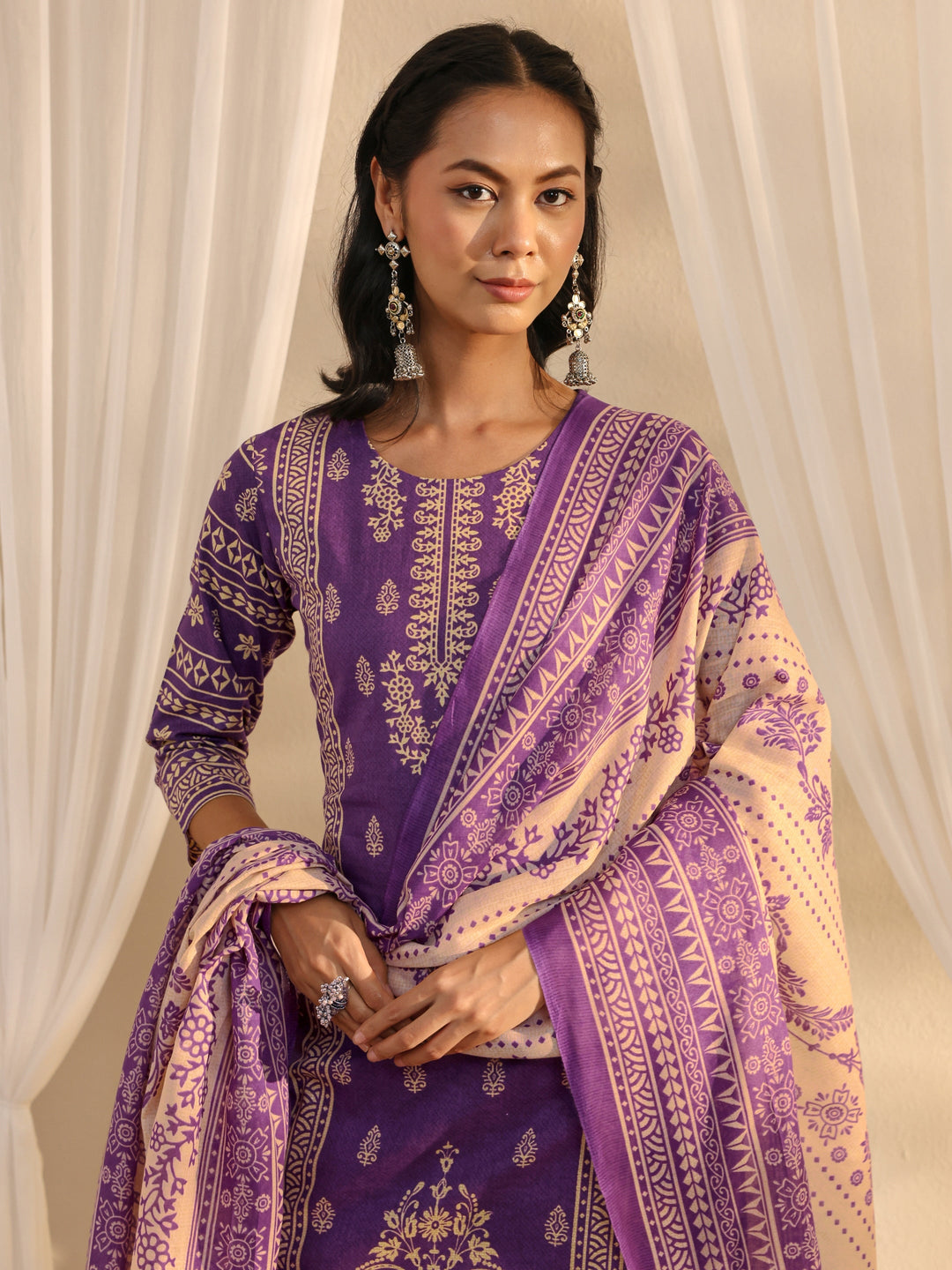 Purple Ethnic Motif Printed Cotton Blend Straight Suit Set With Dupatta